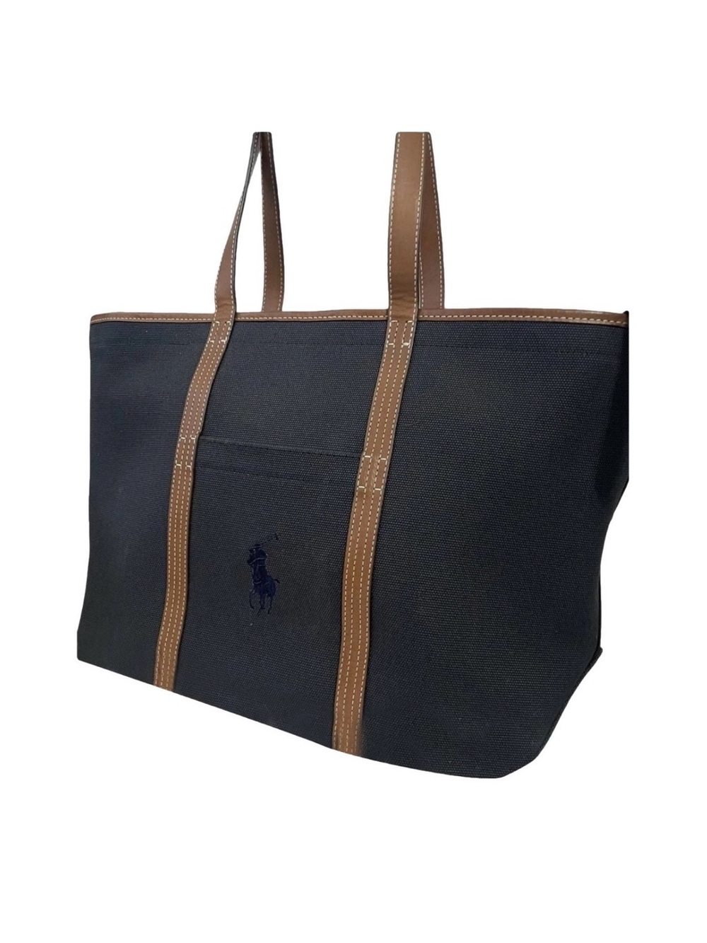 Polo Ralph Lauren Navy Canvas Tote with Brown Leather Straps